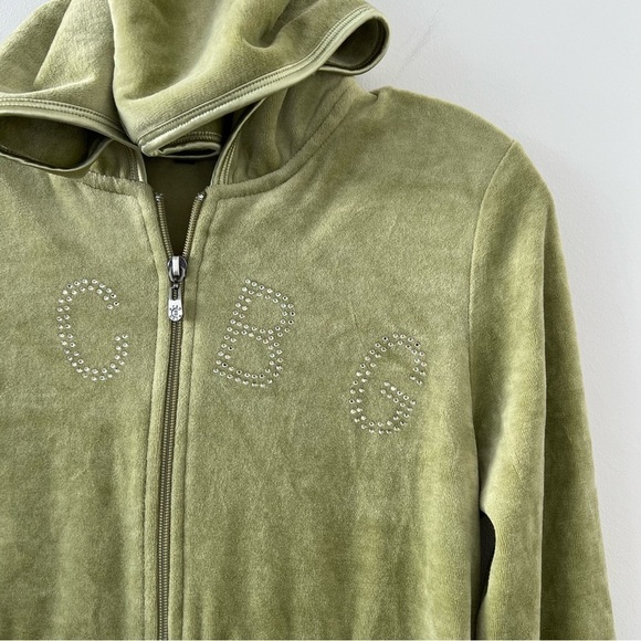 BCBG MaxAzria Rhinestone Bling Green Full Zip Hooded Velour Track Jacket Y2K - Picture 3 of 4